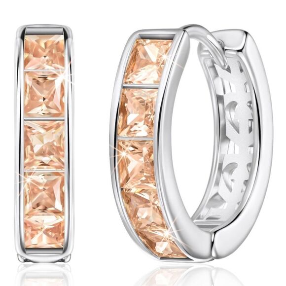 14K White Gold with Peach Morganite Cubic Zirconia Princess Cut Huggie Earrings - Picture 1 of 5